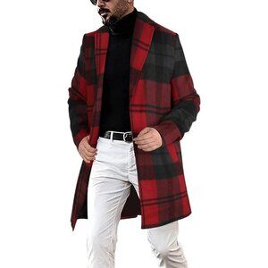 Men's Wine Red  Casual Notched Plaid Single Breasted Wool Blend Formal Trench